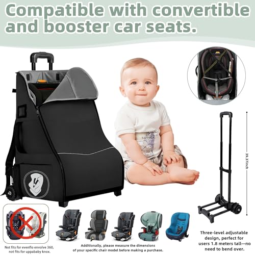 Wurzfolk Rolling Car Seat Travel Bag with Wheels – Car Seat Backpack Transport Case for Airplane Travel, Fits Convertible & Booster Seats, Protective Storage Cover, Black