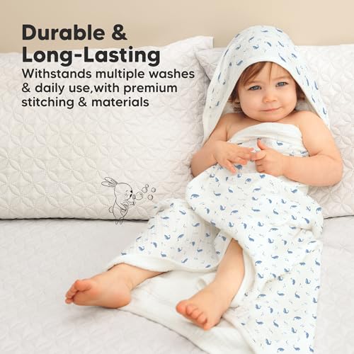 KeaBabies Muslin Baby Bath Towels with Hood for Girl Boy (Whale Bay, 35x35)