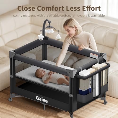 GAIVE 4 in 1 Baby Bassinet, One-Push Setup Pack and Play, Bedside Crib Sleeper with 3 Height Adjustable，Diaper Changer, Come with Comfy Mattress, Rotating Toy Bar, from Infants to Toddlers (Black)