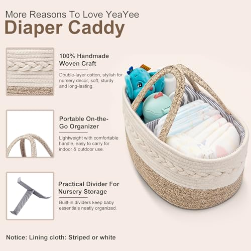 YeaYee Baby Diaper Caddy Organizer, Portable Nursery Storage Basket with Changeable Compartments, 100% Cotton Woven Rope Baskets, Car & Changing Table Tote, Newborn Gift