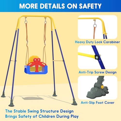 HAPPYMATY 3-in-1 Toddler Swing Set, Baby Swing with Safety Belt, Indoor/Outdoor, Easy to Assemble Kids Swing Seat with Sturdy Metal Stand for Playground, Backyard and Nursery, Blue Yellow