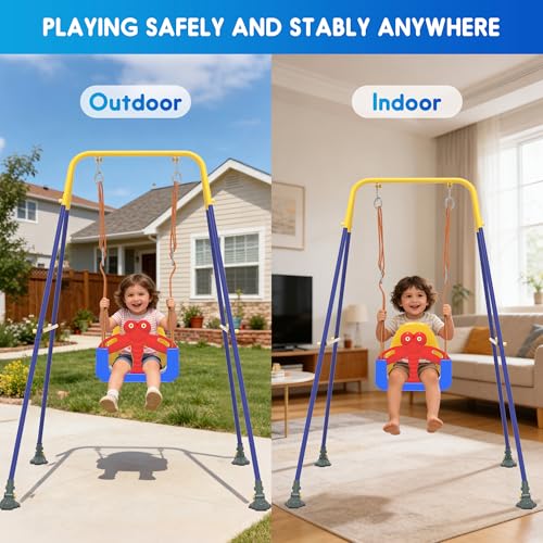 HAPPYMATY 3-in-1 Toddler Swing Set, Baby Swing with Safety Belt, Indoor/Outdoor, Easy to Assemble Kids Swing Seat with Sturdy Metal Stand for Playground, Backyard and Nursery, Blue Yellow