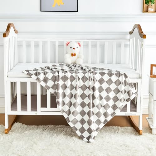 Yurhap Checkered Baby Blanket Fleece Baby Blankets Neutral for Boys Girls, Super Soft Warm Lightweight Infant Toddler Newborn Receiving Gifts for Crib Stroller, 30x40 Inch, Greige