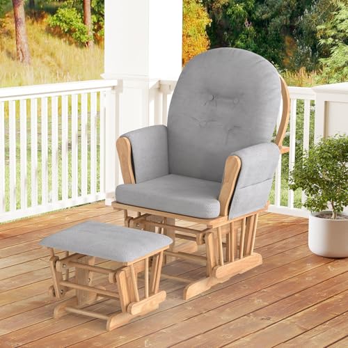 Costzon Nursery Glider with Ottoman, Upholstered Comfort Glider Rocker with Padded Cushion, Storage Pocket, Solid Wood Base, Rocking Chair Nursery for Breastfeeding, Napping (Natural)