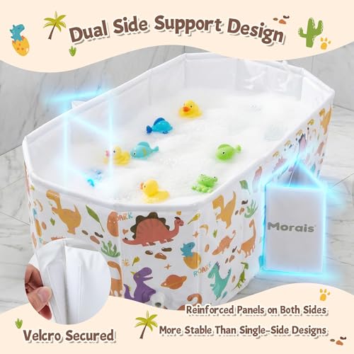 MORAIS Toddler Bathtub Collapsible & Portable, Foldable Baby Bath Tub for Shower & Travel, Dual Drain Plug with Thick Padded Bottom, Easy to Clean, Space-Saving Tub, 12 Months+