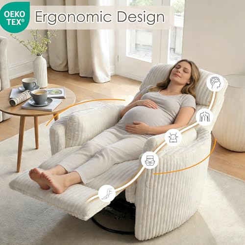 Chizzyseat Nursery Rocking Chairs Comfy High Back 360 Swivel Rocker Recliner with 2 Pillows Glider Recliner Nursery Chair for Adults Small Spaces Nursing Bedroom Living Room Beige