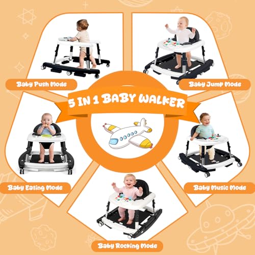 Tickeagle 5-in-1 Baby Walker for Boys and Girls Music and Lights 6-18 Month, Foldable Baby Walkers with 5 Adjustable Heights, Infant Toddler Walker with Wheels and Combo Portable(Black)