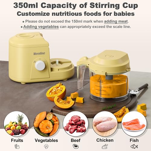 Veroline Baby Food Maker, One Button Rotate Control Baby Food Processor, Baby Puree Maker with Steaming and Grinding Functions, Baby Food Steamer and Blender, Yellow