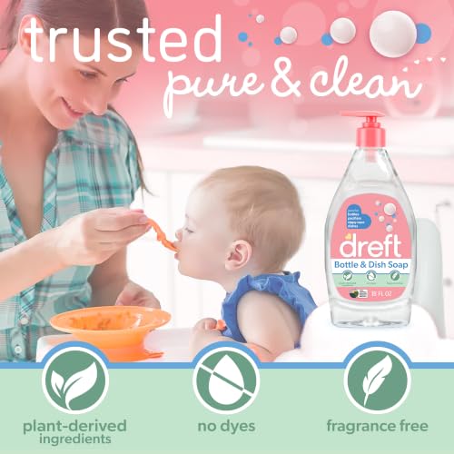 DREFT Bottle and Dish Soap | Made to Clean Baby Bottles, Sippy Cups, Pacifiers, Breast Pumps, & More | Gently Removes Milk Film & Odors | Plant Based, Fragrance Free Dish Soap | 18 Fl Oz (Pack of 3)
