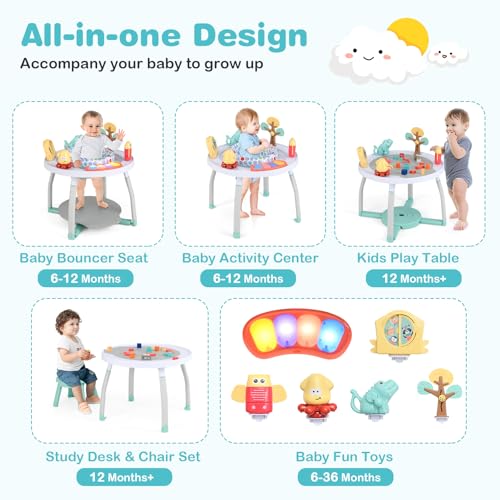 BABY JOY 5 in 1 Baby Activity Center, Baby Jumpers and Bouncers with Removable Toys, Lights & Music, 3 Adjustable Heights, Interactive Play Center for Toddlers Boys Girls 6-36 Months (White)