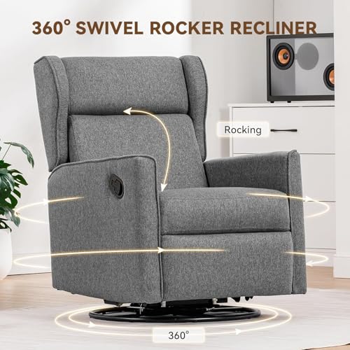 COMHOMA Nursery Rocking Chair Fabric Upholstered Swivel Rocker Recliner Manual Glider Reclining Chair for Living Room Bedroom Offices (Dark Grey)