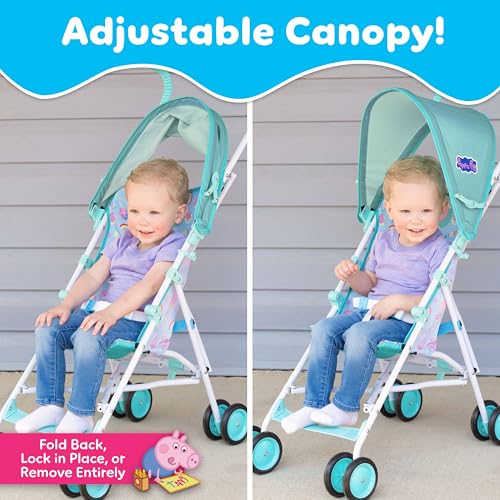 Peppa Pig Umbrella Stroller for Toddlers, Lightweight Foldable Travel Stroller with 3-Point Harness, Locking Wheels, Adjustable Canopy, Compact & Portable