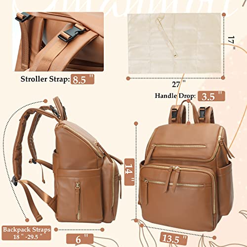 Omanmoli Diaper Bag Backpack Large Baby Diaper Bag Leather with 17 Diaper Bag Organizing Pouches,Changing Pad,Stroller Straps,4 Insulated Pockets,Brown