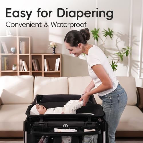 Pamo Babe 4 in 1 Baby Playards with Bassinet & Changing Table, Portable Crib Breathable Mesh and Toy Mobile