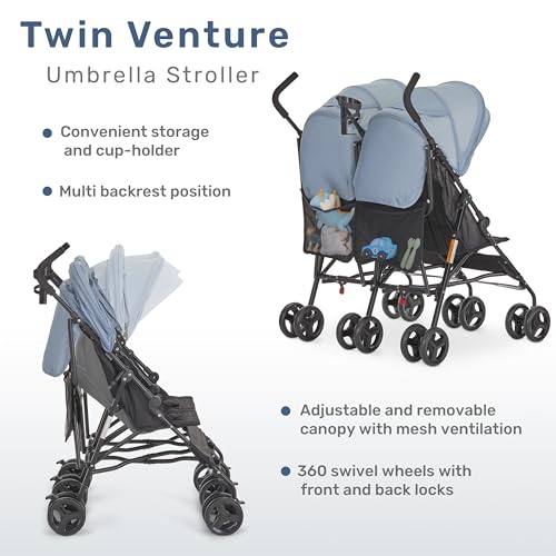 Dream On Me Twin Venture Umbrella Stroller in Light Blue, Multi Backrest Positions, Adjustable & Removable Canopy Double Stroller, 360°Swivel Wheels with Locks