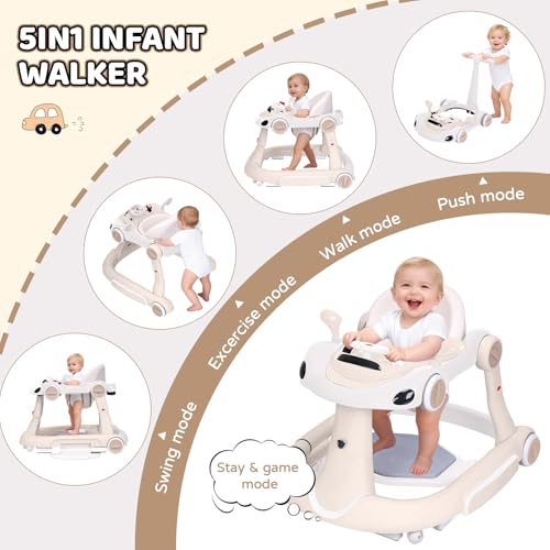 Baby Walker, 4-in-1 Baby Walker with Wheels Portable, Foldable Infant Toddler Walker for Boys Girls 6-18 Month (Beige)