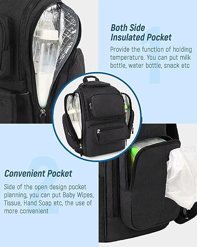Mancro Diaper Bag Backpack, Multifunctional Dad Diaper Bag with 2 Side Insulated Pockets, Travel Water Resistant Baby Diaper Backpack for Men Women with Stroller Straps, Black