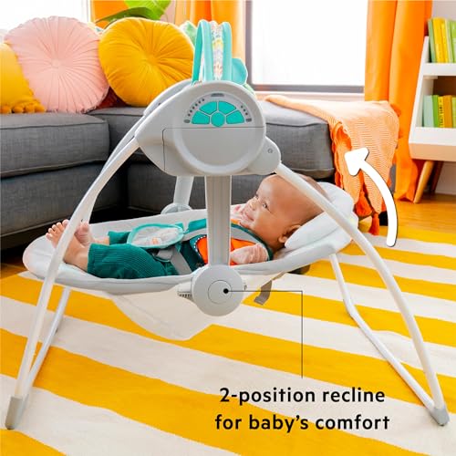 Bright Starts Portable Automatic 6-Speed Baby Swing with Adaptable Speed, Taggies, Music, Removable-Toy-Bar, 0-9 Months 6-20 lbs (Whimsical Wild)