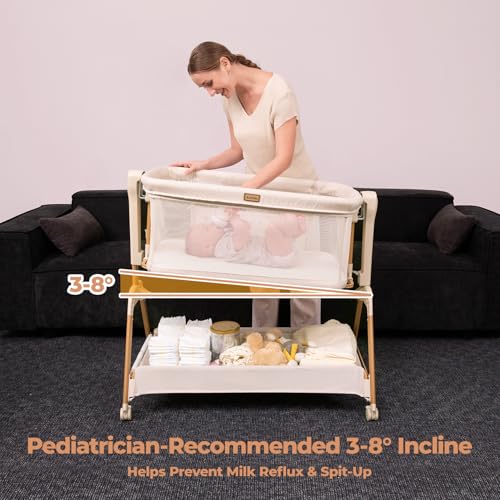 Ezebaby Baby Bassinet Bedside Sleeper: 3-in-1 Rocking Bassinet for Baby - Breathable Full-Mesh Crib with Mattress | 6 Height Adjustable | Portable Crib with Lockable Wheels for Newborns