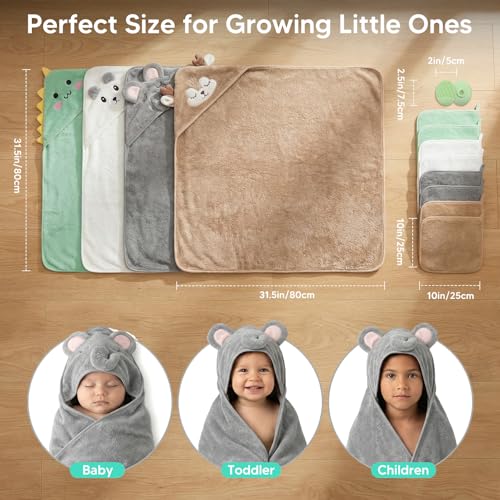 YEFAJUMP 14 PCS Baby Bath Towels Set with 4 PCS Hooded Baby Towels, 8 PCS Washcloths & 2PCS Bath Brush for Infants & Toddlers, Ultra Absorbent Newborn Bath Essentials Gift for Boys & Girls