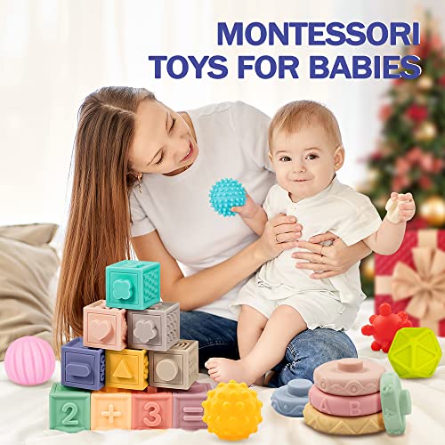 Jyusmile Baby Toys 6-12 Months, Montessori Toy for Babies 6-12 Months, Incl Stacking Building Blocks & Soft Infant Teething Toys & Sensory Balls for Toddlers 0-3-6-9-12 Month