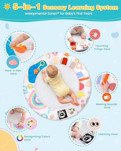 Montessori Baby Play Gym & Activity Mat for Brain Development (0-12Mo) | 5-Sensory Zones + 5 Toys |Portability Tummy Time Activity Mat Stage-Based for Newborn Brain Development Essential & Gift-Ready