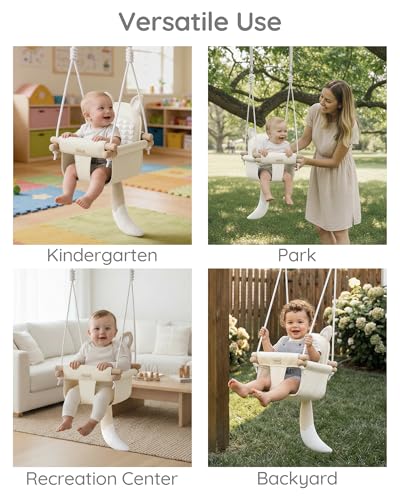 Wooden Hanging Baby Swing with Soft Safety Belt, Cozy Infant Swing Seat for Indoor & Outdoor Use, Adjustable Height, Includes Mounting Hardware – Suitable for Babies & Toddlers(Fox-Themed in Beige)