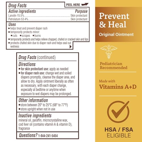 A+D Original Diaper Rash Ointment Prevents & Treats Diaper Rash, Moisturizing Skin Protectant with Vitamins A & D, Healing Skin Ointment for Dry and Cracked Skin 16 oz
