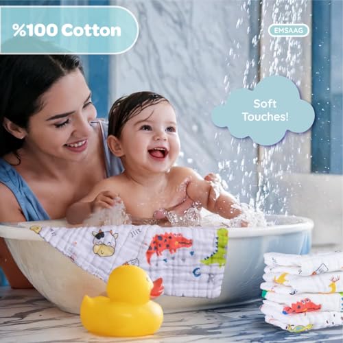 EMSAAG Muslin Baby Washcloths Pack of 7-Soft Sweat Cloths for Newborn,Absorbent Baby Bath and Face Towels,100% Cotton Baby Wipes,Burp Cloths,Feeding Towels for Babies and Infants,Mix Pattern-10 x 10’’