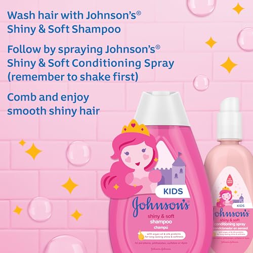 Johnson's Kids Shiny & Soft Hair Conditioning Spray with Argan Oil & Silk Proteins, Tear-Free Conditioning Spray for Shine & Softness, Gentle for Toddler Haircare, 10 fl. oz