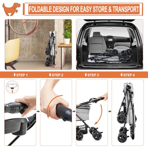 LPOTIUS 3-in-1 Pet Stroller for Small Dogs and Cats, Folding Lightweight Dog Stroller with Detachable Carrier Portable Cat Puppy Jogging Stroller with Cup Holder and Storage Basket, 4 Wheels