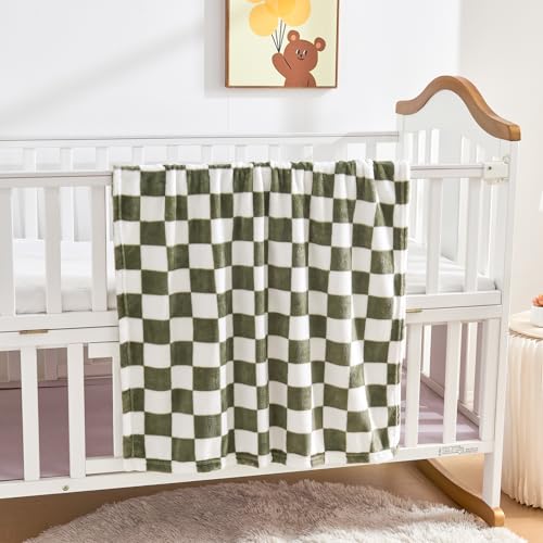 Yurhap Checkered Baby Blanket Fleece Baby Blankets for Boys, Ultra Soft Cozy Fluffy Infant Toddler Newborn Receiving Blankets for Crib Stroller, 30''x40'', Dark Olive