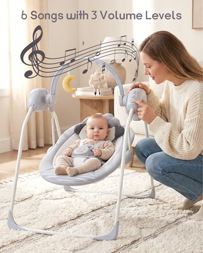 Baby Swings for Infants, Portable Baby Swing with 5-Speed, with Music and Timing for 0-9 Months 6-20 lbs