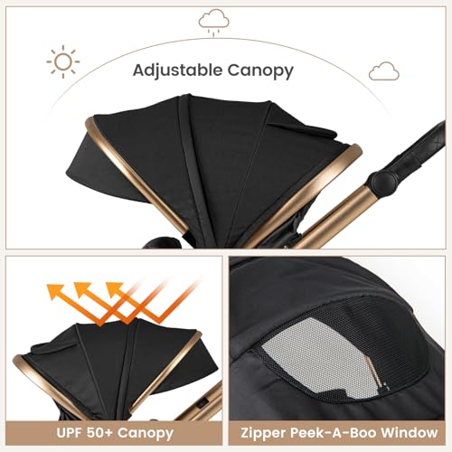 INFANS 2 in 1 Baby Stroller, Folding Newborn Pram Convertible Stroller Bassinet for Infant Foldable High Landscape Shock Absorption with Reversible Seat Aluminum Structure for Pushchair
