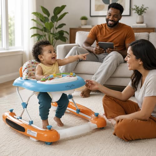 Dream On Me Go-Getter Baby Walker with Rear Push Handle, 2-in-1 Activity Walker and Walk-Behind, 3 Height Adjustments, Easy to Fold, Machine-Washable Seat Pad, Detachable Fun Tray, Orange