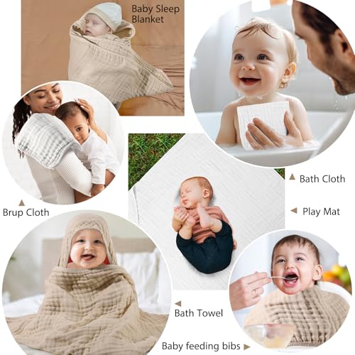 VitalCozy 6 Pcs Baby Muslin Hooded Bath Towels and Washcloths Muslin Cotton Hooded Baby Towels Absorbent Blankets for Gift Newborn Infant Shower (32 x 32 Inch,Beige,Sage Green)