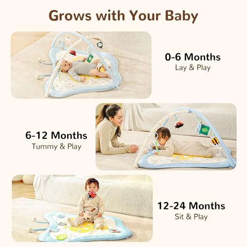 Pamo Babe Baby Play Gym & Activity Mat, Tummy Time Mat with 8 Montessori Toys, Non-slip Foldable Baby Playmat for Stage-Based Development, Machine Washable Baby Gym Play Mat for Newborn Essential Gift