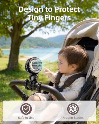 Spopal Portable Baby Stroller Fan, 120° Auto Swing 100-Speed Quiet with LED Display Clip Fan for Stroller, 3-Level Night Light, Powerful Cooling Fan for Car Seat, Crib, Travel - Black