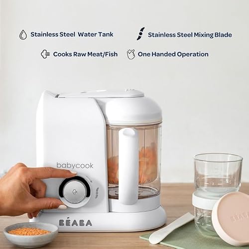 BEABA Babycook Solo 4 in 1 Baby Food Maker, Puree Steamer and Blender for Purees, Grinder with Auto Steam Cooking, Lrg Capacity 1,100 mL/ 37 oz, 27 Servings in 20 Mins, (Charcoal)