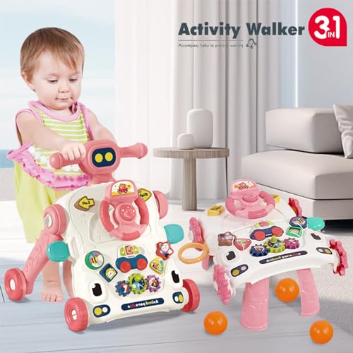 Asou Baby Walker 3 in 1 Sit to Stand Walker With Activity Table and Center for Newborn Toddler (Pink)