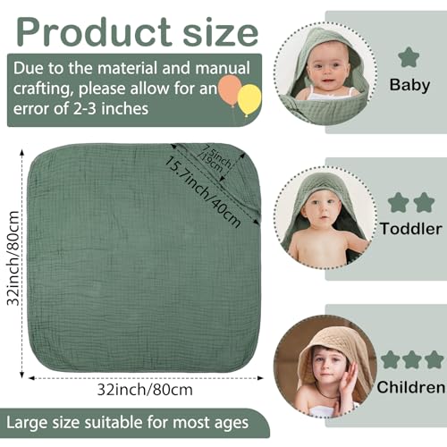 VitalCozy 6 Pcs Baby Muslin Hooded Bath Towels and Washcloths Muslin Cotton Hooded Baby Towels Absorbent Blankets for Gift Newborn Infant Shower (32 x 32 Inch,Beige,Sage Green)