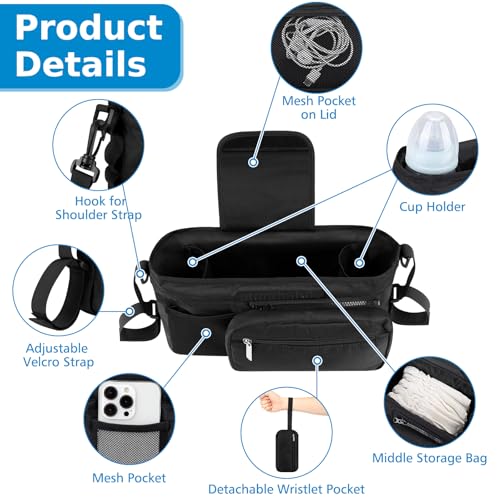 Accmor Universal Stroller Organizer, Stroller Caddy Bag with Cup Holder Detachable Phone Bag and Shoulder Strap, Stroller Organizer for Uppababy, Baby Jogger, Britax Strollers Accessories