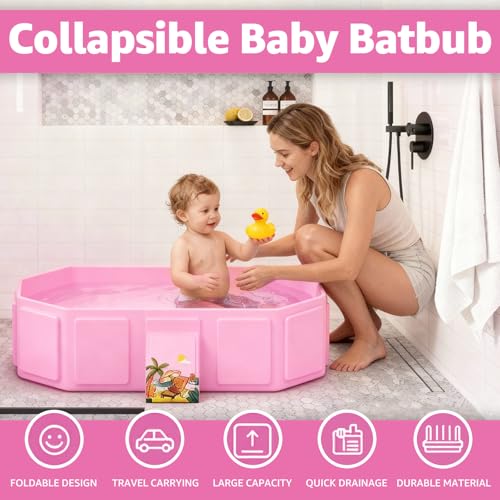 Collapsible Baby Bathtub, Toddler Bathtub with a Drain Plug, Folded for Storage Without Assembly, Suitable for Newborns to Toddlers, Portable Bathtub for Outdoor Travel, Pink