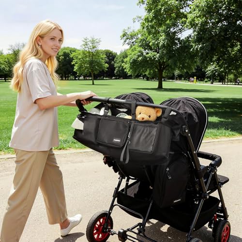 Double Stroller Organizer for Bob Duallie with 2 Insulated Cup Holders & Cooler Bag, Baby Jogger City Mini Gt2 Jeep Double Stroller Caddy Accessories, Universal Parent Console Stroller Organizer