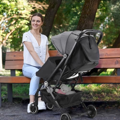 Rollingsurfer Lightweight Baby Stroller for Airplane, Compact Travel Pushchair with Retractable Foot Cover & Reclining Backrest, One Hand Fold Stroller for Toddlers 0-36 Months