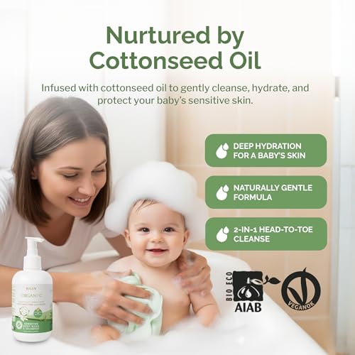Organyc Baby Shampoo & Body Wash with Skin-Nurturing Cotton Seed Oil, Gentle Kids Body Wash, Naturally Formulated Baby Essentials, 8.5 fl oz