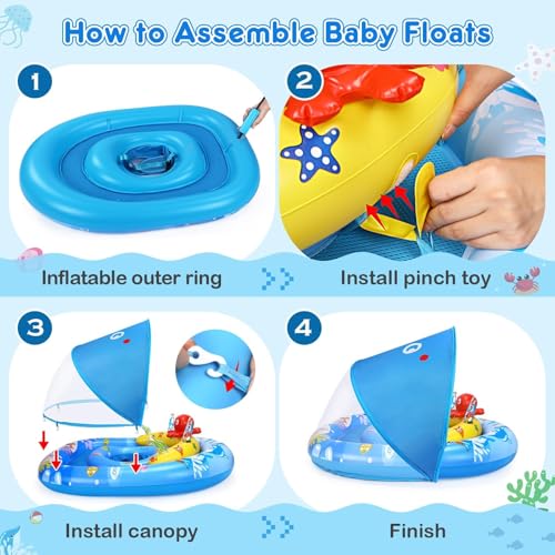 EZIGO Baby Pool Float with Canopy UPF50+ Sun Protection, Inflatable Kids Pool Floats with Ocean Animal Toys for Babies 6-36 Months, Infant Swimming Float with Adjustable Safety Seat for Boys Girls