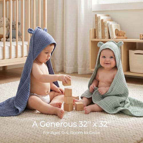 Momcozy Baby Towels, 6-Layer 100% Cotton Muslin Hooded Baby Towel Set for Newborn, Infant & Toddler, Soft Absorbent Baby Bath Essentials, Large 32 x 32 Inch