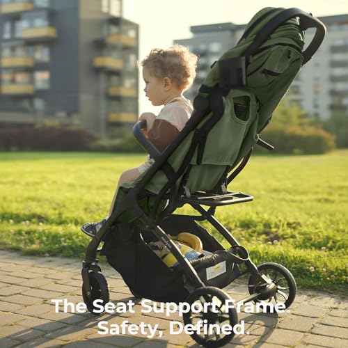newyoo GlideTow TR18M Travel Stroller, Compact Foldable Baby Stroller with Retractable Handle, Cup Holder, One-Hand Fold, Near Flat Recline Seat, Brown
