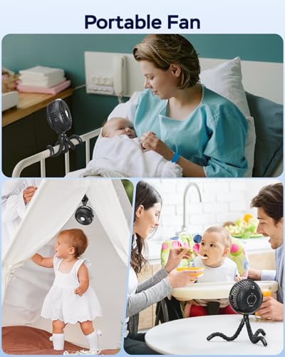 AMACOOL Baby Stroller Fan - 5000mAh Rechargeable, 3-Speed, Strong Yet Quiet, 360°Rotate Portable Clip on Fan for Travel, Car Seat, Crib, Bike, Treadmill, Beach Vacation Essentials